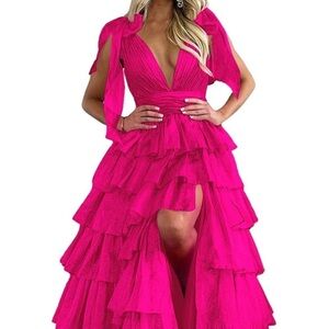 Hot Pink Layered Ruffle Leg Slit Bow Tie Floor Length Plus Size Prom Dress
